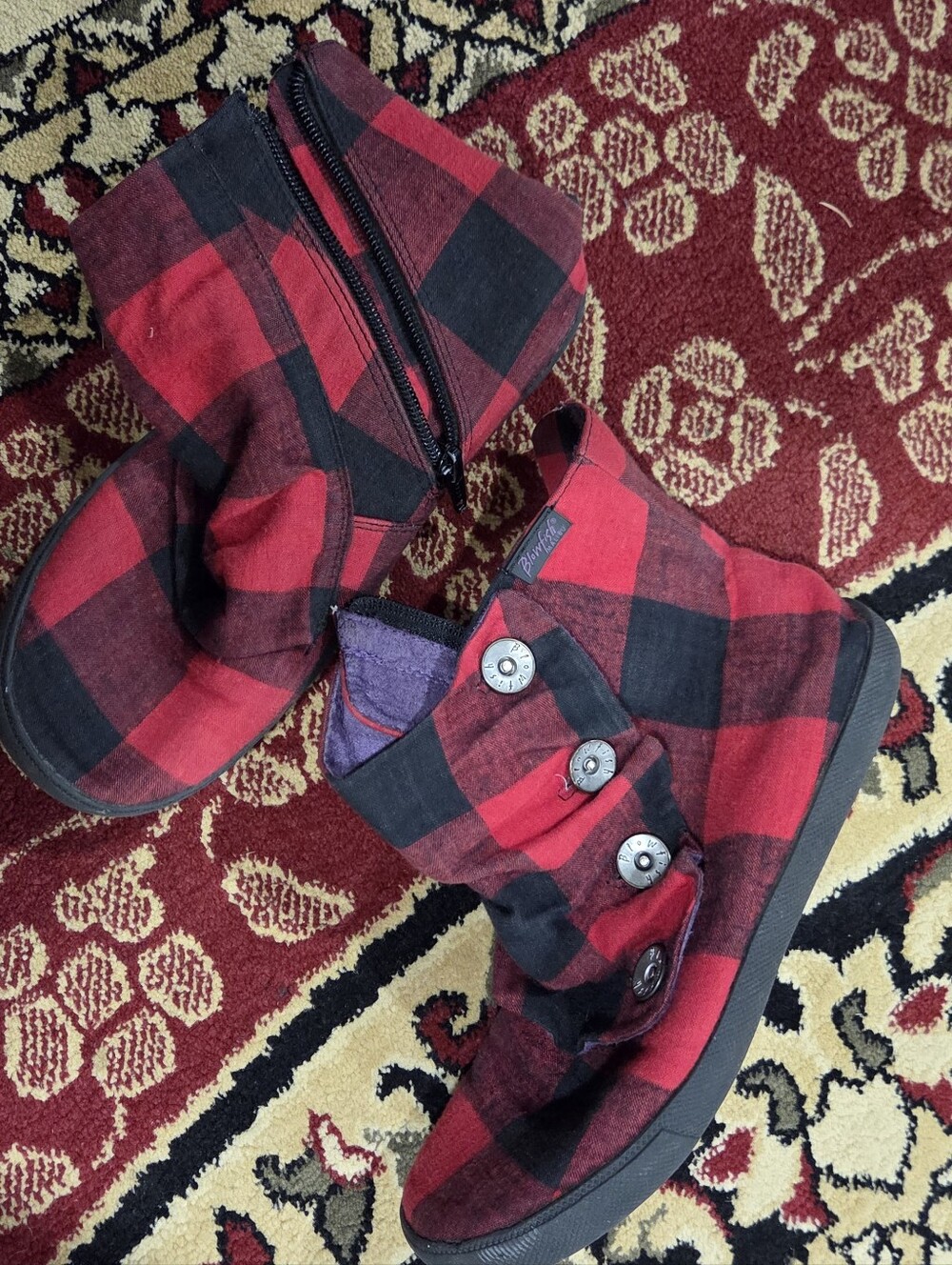 Blowfish Red and Black Plaid Button Ankle Boots for Kids